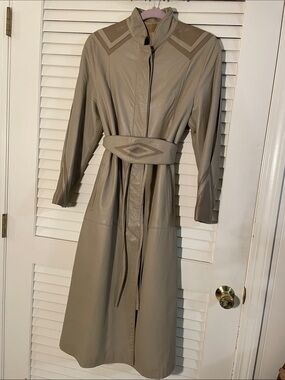 Rare Vtg 2 Tone Taupe Tan Lambskin Leather Chevron With Belt Maxi Duster Coat